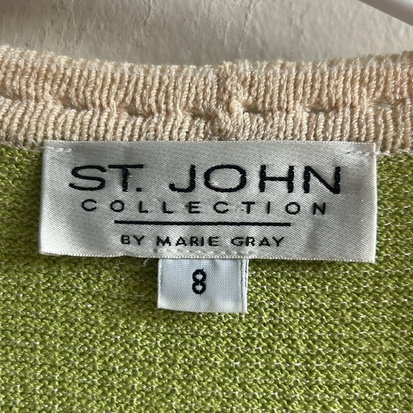 St. John By Marie Grey Tie Front Green Cream Cardigan Sweater Size 8 - Picture 9 of 9